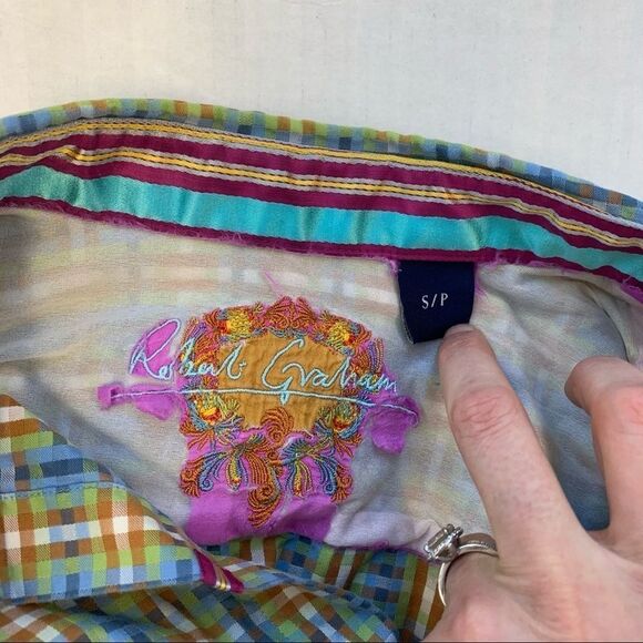Robert Graham blue green print dress shirt size S - Picture 4 of 10